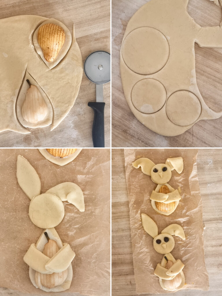 Herstellung der Birnen-Osterhasen aus Hefeteig mit Dinkelmehl