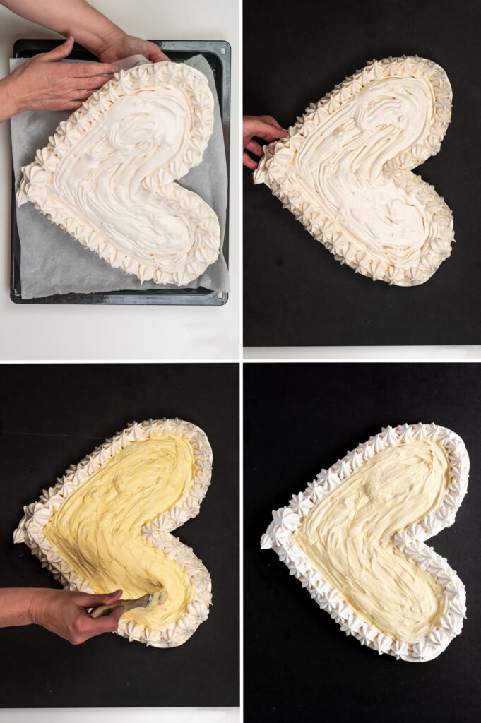 Baiser auftragen, für eine glutenfreie Pavlova in Herzform. Gefüllt mit weißer Schokolade.