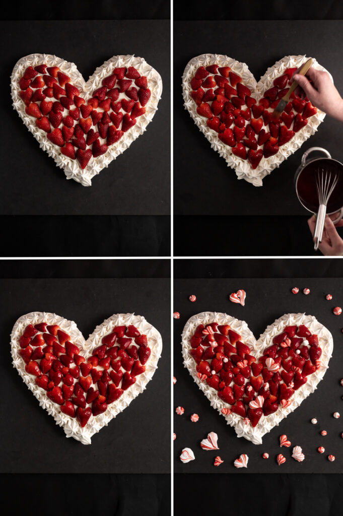 Baiser auftragen, für eine glutenfreie Pavlova in Herzform. Verziert mit Erdbeer-Häften, die wie ein Herz geschnitzt wurden.
